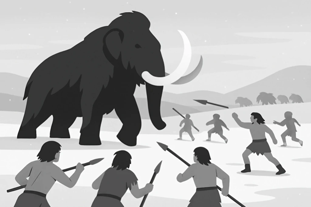 Illustration of early humans cooperating to hunt a woolly mammoth.