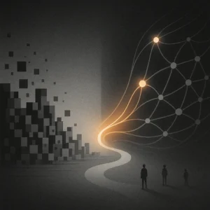 tpoco-publishing-purpose-Vision-Mission-values Conceptual grayscale digital landscape transitioning from rigid geometric blocks to a flowing network of light, symbolizing the shift from division to structural cooperation. Subtle human silhouettes observe the transformation, illuminated by a warm orange glow.