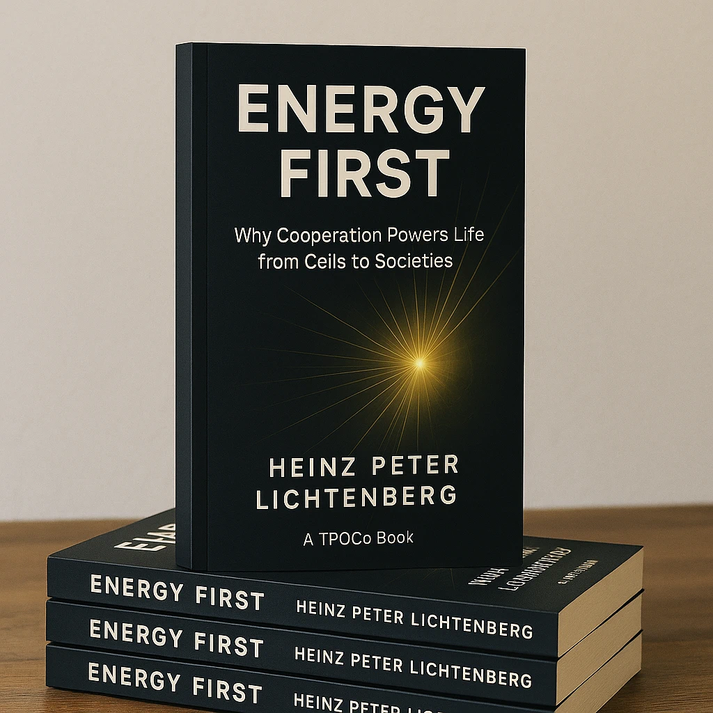 Stack of Energy First books by Heinz Peter Lichtenberg showing the black cover with golden energy spark design